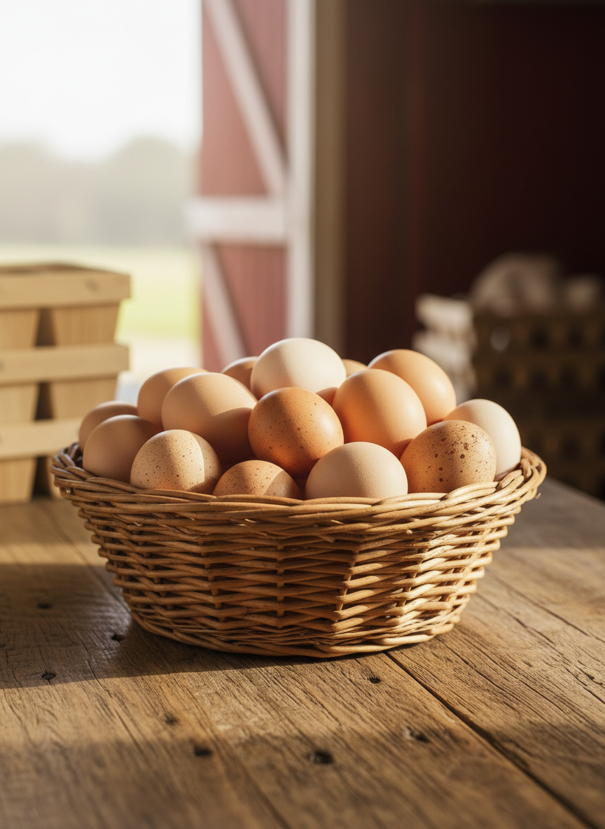 A rustic woven basket brimming with clean, uniformly sized brown and speckled organic eggs, each shell showing natural matte texture and subtle color variation from tan to warm cream. The basket rests on a reclaimed oak farmhouse table with visible grain and soft imperfections. In the blurred background, wooden egg crates and a faint glimpse of a red barn doorway suggest a working ranch. Soft morning sunlight filters in from the left, casting gentle, elongated shadows and a golden glow over the scene. Photographed at a slightly elevated angle with shallow depth of field, the composition feels calm, honest, and professional, emphasizing farm-fresh quality in a realistic, clean, and organic photographic style.