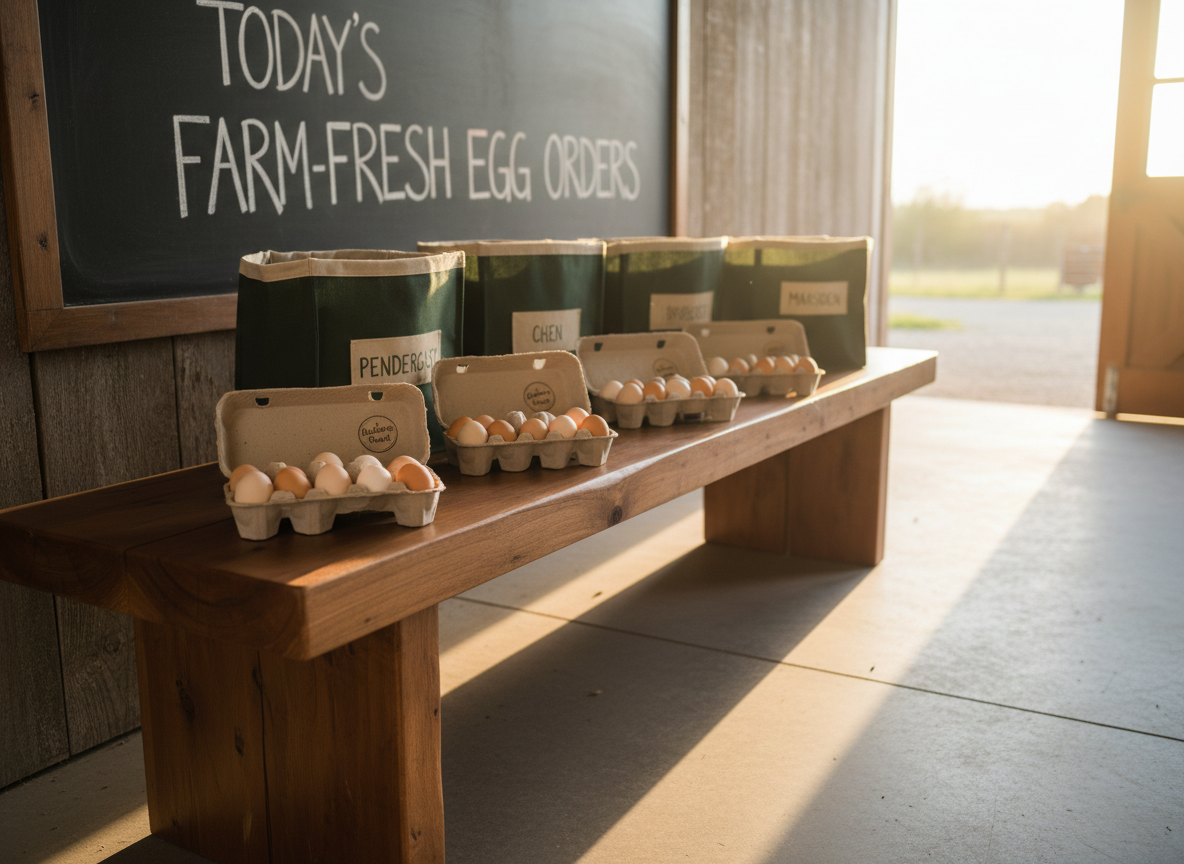 An orderly pickup station at Oakshire Ranch featuring a sturdy, natural-wood bench holding several clearly labeled reusable insulated bags and recycled cardboard cartons filled with organic eggs. A chalkboard-style sign on the barn wall behind, partially visible and artfully blurred, reads “Today’s Farm-Fresh Egg Orders” in clean, professional lettering. Warm late-afternoon sunlight streams through an open barn door to the right, creating a soft golden rim light on the carton edges and gentle shadows across the swept concrete floor. Shot from a slightly low, three-quarter angle with a subtle leading line toward the pickup bags, the image feels welcoming, efficient, and trustworthy, with a rustic yet organized photographic realism aesthetic.